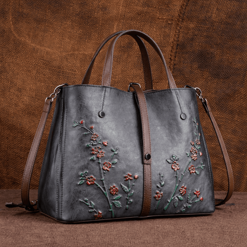 Fashion, accesorii si bijuterii - Femei - Accesorii femei - Genti si rucsacuri femei - Geanta Premium de Piele Naturala pentru Dama, Model cu Flori Delicate, Albastru, 31x23x13.5 cm - Infinity.ro