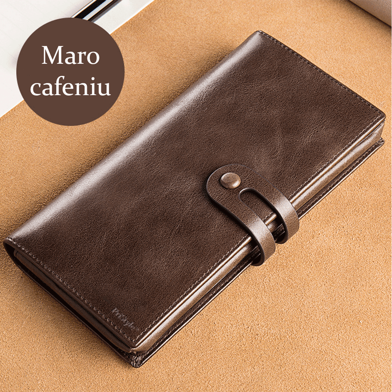 Fashion, accesorii si bijuterii - Femei - Accesorii femei - Portofele femei - Portofel Dama din Piele Ecologica Premium, Inchidere cu Capsa si Curea, Design Subtire Slim, Maro, 18.5x9.5x2.5 cm - Infinity.ro