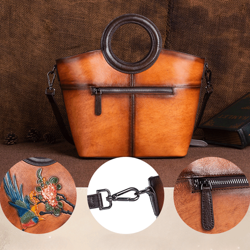 Fashion, accesorii si bijuterii - Femei - Accesorii femei - Genti si rucsacuri femei - Geanta de Dama din Piele Naturala Premium, cu Colibri si Flori, Maro Inchis, 25x24x12 cm - Infinity.ro