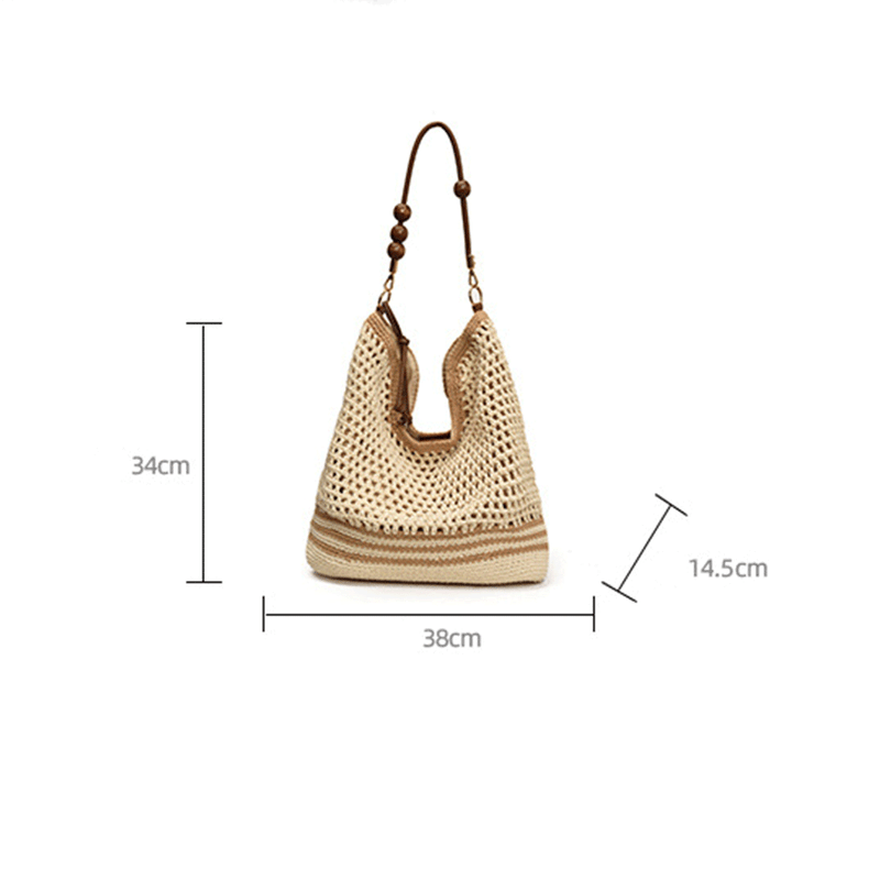 Fashion, accesorii si bijuterii - Femei - Accesorii femei - Genti si rucsacuri femei - Geanta Dama de Umar, din Material Textil Crosetat, Model Casual Boho Chic, Bej - Infinity.ro