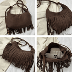 Fashion, accesorii si bijuterii - Femei - Accesorii femei - Genti si rucsacuri femei - Geanta Dama de Umar cu Franjuri, Stil Boho Chic, Material Tip Piele Ecologica Intoarsa, Neagra, 34.5x33.5x20 cm - Infinity.ro
