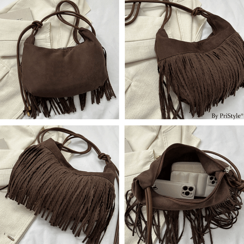 Fashion, accesorii si bijuterii - Femei - Accesorii femei - Genti si rucsacuri femei - Geanta Dama de Umar cu Franjuri, Stil Boho Chic, Material Tip Piele Ecologica Intoarsa, Neagra, 34.5x33.5x20 cm - Infinity.ro