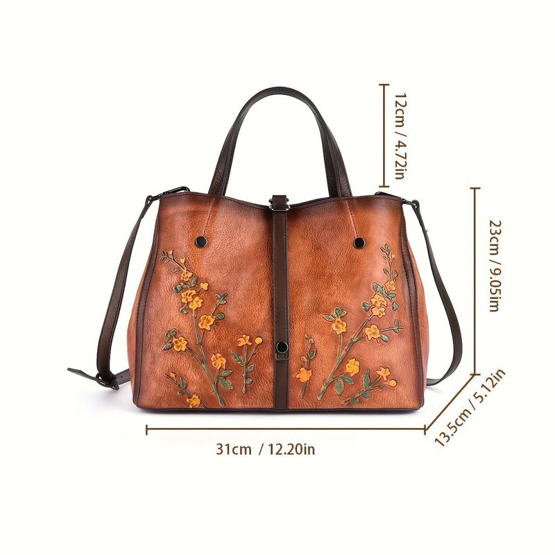 Fashion, accesorii si bijuterii - Femei - Accesorii femei - Genti si rucsacuri femei - Geanta Premium de Piele Naturala pentru Dama, Model cu Flori Delicate, Maro, 31x23x13.5 cm - Infinity.ro