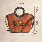 Fashion, accesorii si bijuterii - Femei - Accesorii femei - Genti si rucsacuri femei - Geanta de Dama din Piele Naturala Premium, cu Colibri si Flori, Maro Inchis, 25x24x12 cm - Infinity.ro