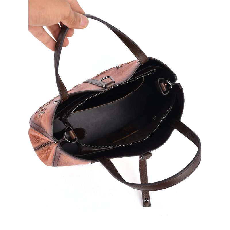 Fashion, accesorii si bijuterii - Femei - Accesorii femei - Genti si rucsacuri femei - Geanta Premium de Piele Naturala pentru Dama, Model cu Flori Delicate, Maro, 31x23x13.5 cm - Infinity.ro