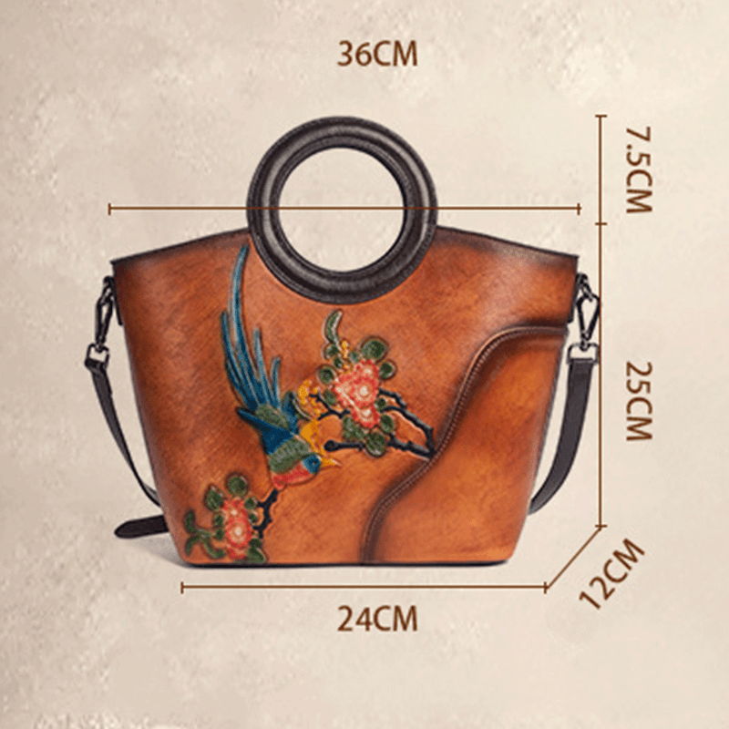 Fashion, accesorii si bijuterii - Femei - Accesorii femei - Genti si rucsacuri femei - Geanta de Dama din Piele Naturala Premium, cu Colibri si Flori, Maro, 25x24x12 cm - Infinity.ro