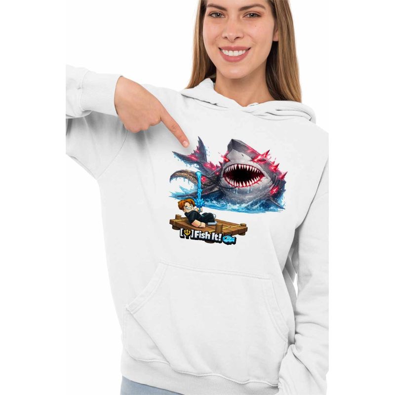 Fashion, accesorii si bijuterii - Femei - Imbracaminte femei - Hanorace femei - Hanorac Femei Pescar Roblox Rechin Sea Monster Pescar, alb, marime 2XL - Infinity.ro