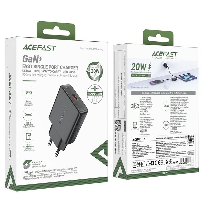 Laptop, Telefoane si Tablete - Telefoane mobile si accesorii - Accesorii Telefoane - Incarcatoare telefoane - Incarcator pentru Priza, Type-C, GaN Technology, Power Delivery, 20W - Acefast (A65) - Black - Infinity.ro