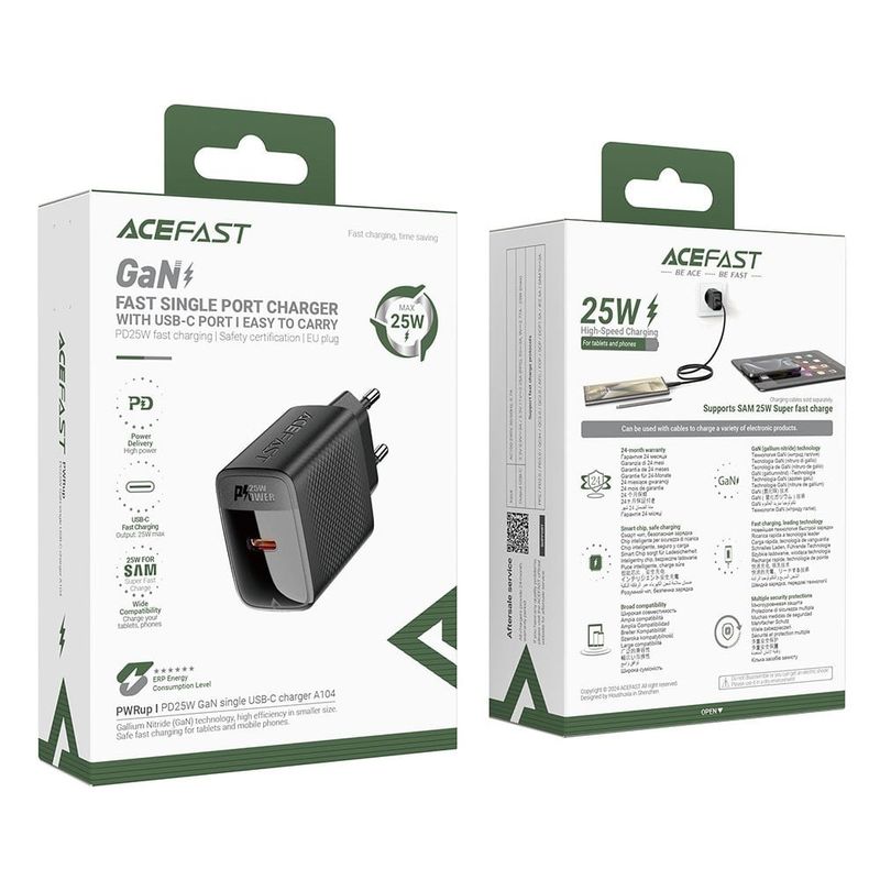 Laptop, Telefoane si Tablete - Telefoane mobile si accesorii - Accesorii Telefoane - Incarcatoare telefoane - Incarcator pentru Priza Type-C, PD25W, GaN, EU - Acefast (A104) - Black - Infinity.ro