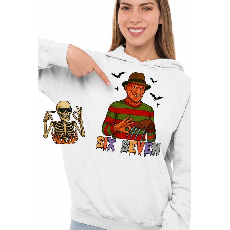 Fashion, accesorii si bijuterii - Femei - Imbracaminte femei - Hanorace femei - Hanorac Femei Six Seven Freddy Krueger 67 Halloween, alb, marime 2XL - Infinity.ro