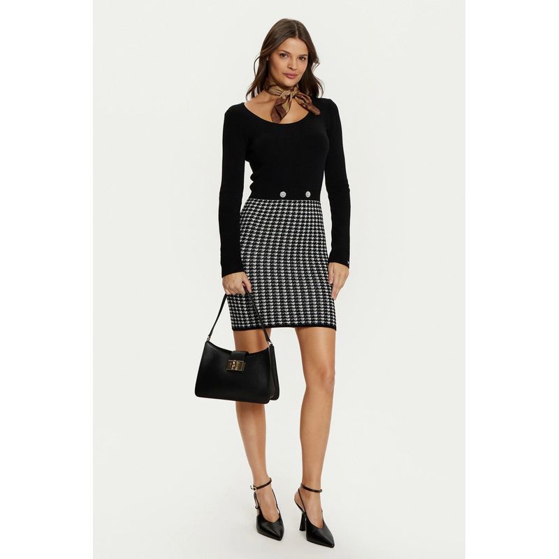 Fashion, accesorii si bijuterii - Femei - Imbracaminte femei - Rochii femei - Rochie bodycon guess cu imprimeu houndstooth Gabriella W5RK12 S INTL Negru/Alb - Infinity.ro