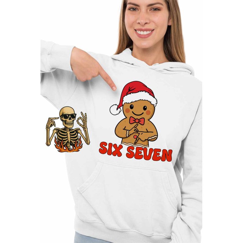 Fashion, accesorii si bijuterii - Femei - Imbracaminte femei - Hanorace femei - Hanorac Femei Six Seven Omul de Turta Dulce Craciun, alb, marime 2XL - Infinity.ro