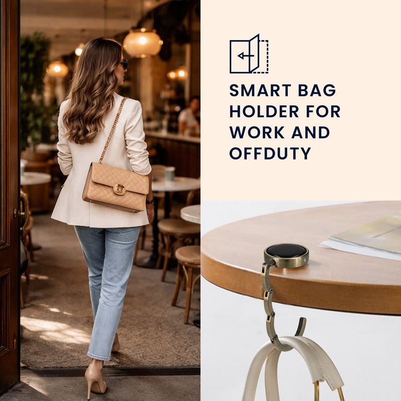 Casa si Gradina - Mobilier - Feronerie si accesorii mobila - Set 2 carlige de masa pentru geanta Kwmobile, inchidere magnetica, pliabile, anti-alunecare, metal, bronz - Infinity.ro