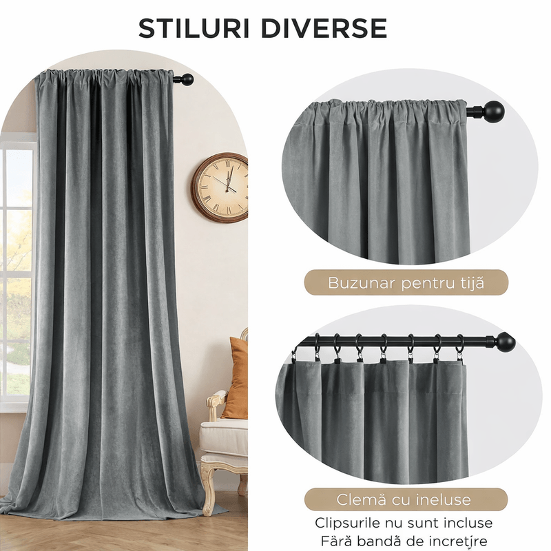 Casa si Gradina - Textile si covoare - Perdele si draperii - Draperii - Set 2 draperii catifea blackout 132X245 cm, opace, termoizolante si fonice, cu prindere pe bara, pentru living, dormitor - Infinity.ro
