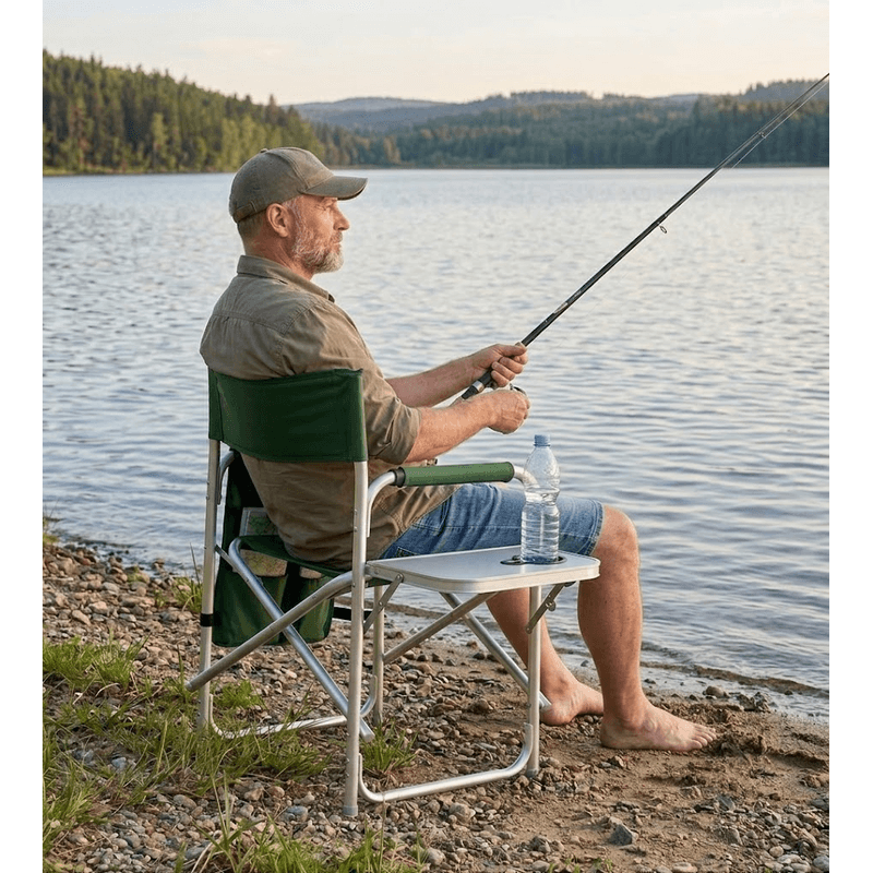 Sport si Outdoor - Camping - Mobilier pentru camping - Scaune camping - Scaun pliabil pentru camping si pescuit , masa laterala rabatabila cu suport pahar, max. 120 kg, 55x45x78 cm, verde - Infinity.ro