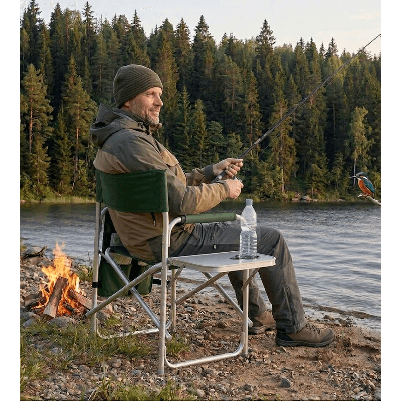 Sport si Outdoor - Camping - Mobilier pentru camping - Scaune camping - Scaun pliabil pentru camping si pescuit , masa laterala rabatabila cu suport pahar, max. 120 kg, 55x45x78 cm, verde - Infinity.ro
