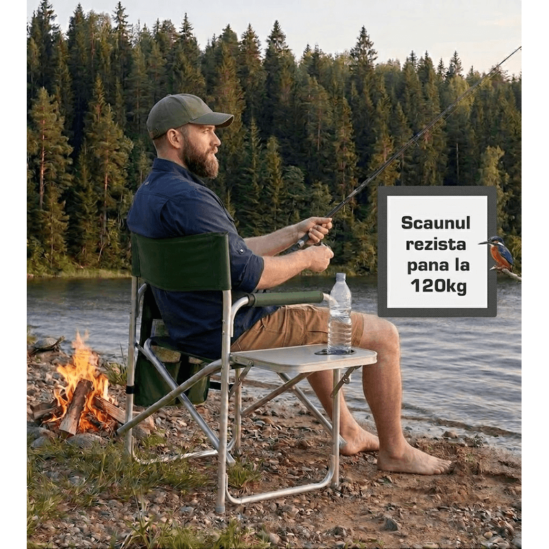 Sport si Outdoor - Camping - Mobilier pentru camping - Scaune camping - Scaun pliabil pentru camping si pescuit , masa laterala rabatabila cu suport pahar, max. 120 kg, 55x45x78 cm, verde - Infinity.ro