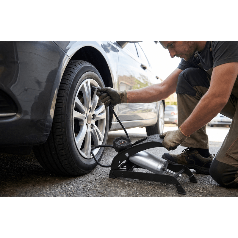 Petshop - Accesorii petshop - Acvaristica si teraristica - Pompe de aer si accesorii - Pompa de picior cu manometru, presiune maxima 7 bar, furtun 60 cm, pedala antiderapanta, pentru auto, moto si bicicleta - Infinity.ro