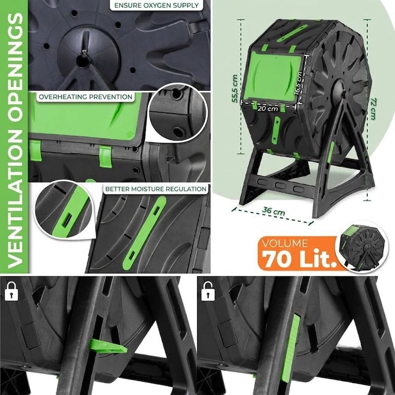 Casa si Gradina - Gradinarit si plante - Unelte gradinarit - Compostoare gradina - Compostor rotativ cu picioare, capacitate 70 L, sistem de aerisire, plastic rezistent la intemperii, 55,5 x 36 x 72 cm - Infinity.ro