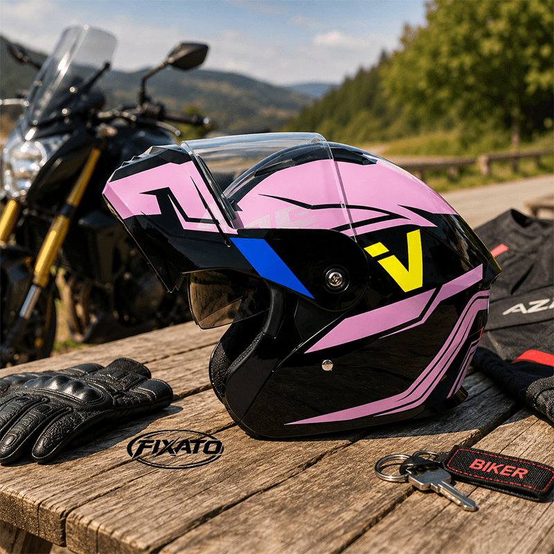 Auto si Moto - Moto - Echipamente protectie moto - Casti moto - Casca Moto/Scuter Flip-Up FIXATO Nova, Viziera Dubla, Protectie UV, Roz, M - Infinity.ro