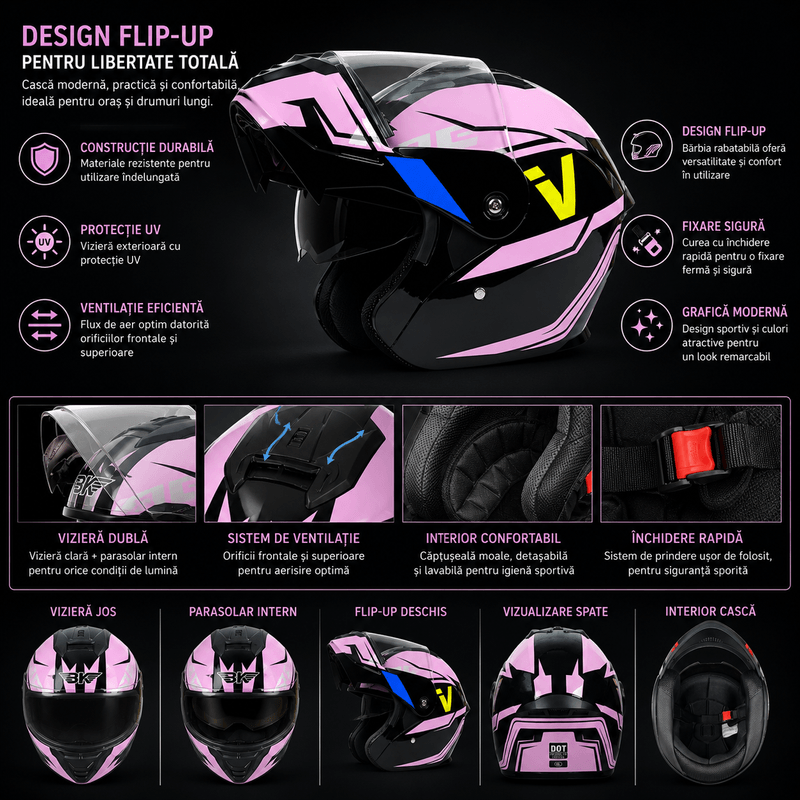 Auto si Moto - Moto - Echipamente protectie moto - Casti moto - Casca Moto/Scuter Flip-Up FIXATO Nova, Viziera Dubla, Protectie UV, Roz, M - Infinity.ro