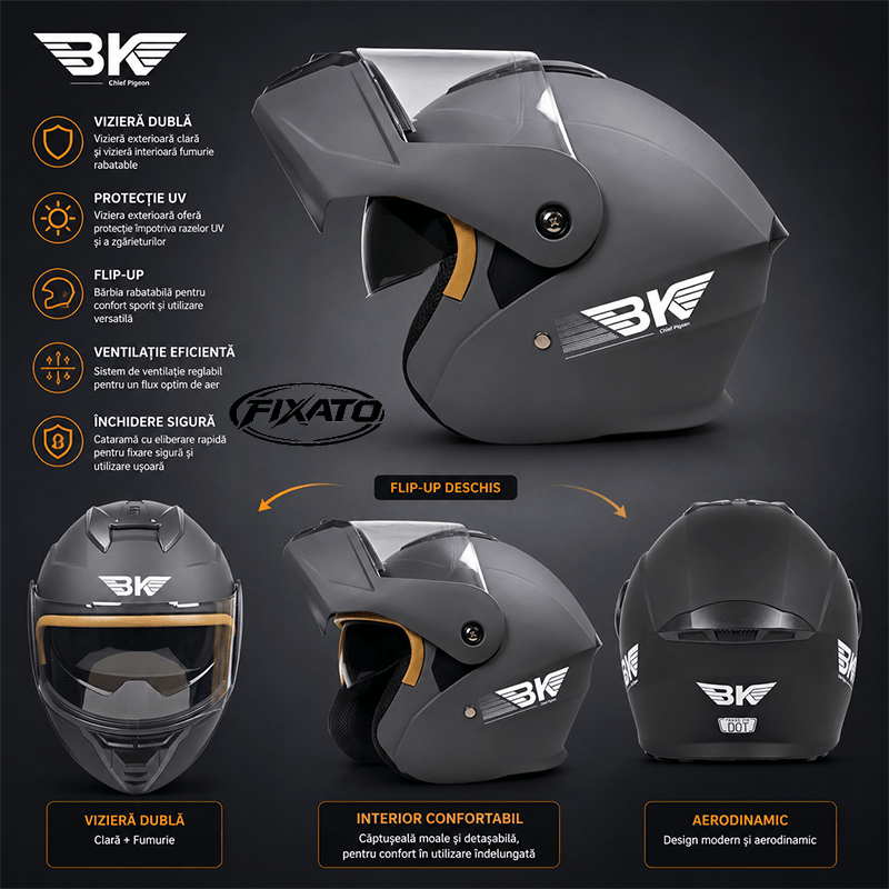 Auto si Moto - Moto - Echipamente protectie moto - Casti moto - Casca Moto/Scuter Flip-Up FIXATO Nova, Viziera Dubla, Protectie UV, Gri, M - Infinity.ro