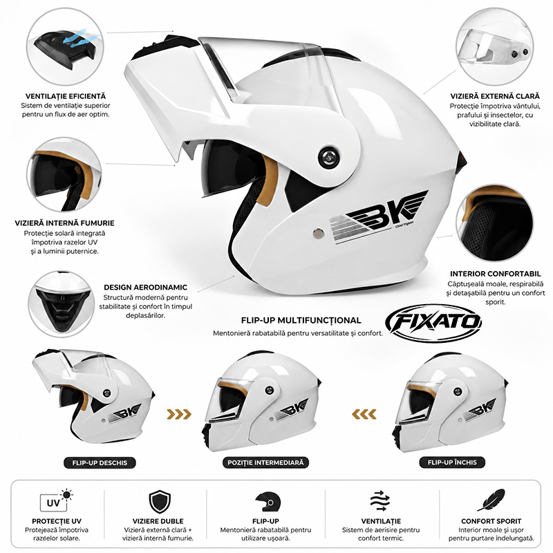 Auto si Moto - Moto - Echipamente protectie moto - Casti moto - Casca Moto/Scuter Flip-Up FIXATO Nova, Viziera Dubla, Protectie UV, Alb, M - Infinity.ro
