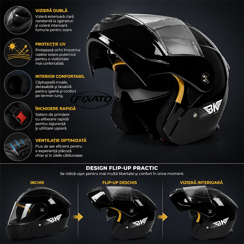 Auto si Moto - Moto - Echipamente protectie moto - Casti moto - Casca Moto/Scuter Flip-Up FIXATO Nova, Viziera Dubla, Protectie UV, Negru, L - Infinity.ro