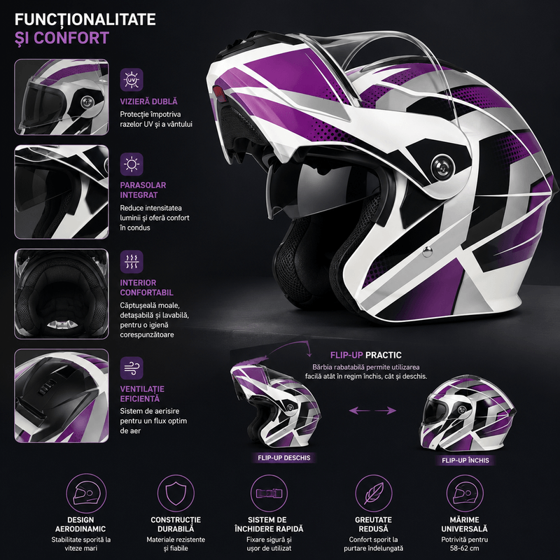 Auto si Moto - Moto - Echipamente protectie moto - Casti moto - Casca Moto/Scuter Flip-Up FIXATO Nova, Viziera Dubla, Protectie UV, Mov, M - Infinity.ro