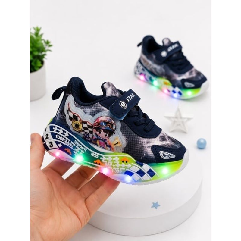 Fashion, accesorii si bijuterii - Copii - Incaltaminte copii - Sneakers si tenisi copii - Pantofi sport cu lumini LED, Model Masinuta de curse, Superbaby, Bleumarine Marimea 21 - Infinity.ro