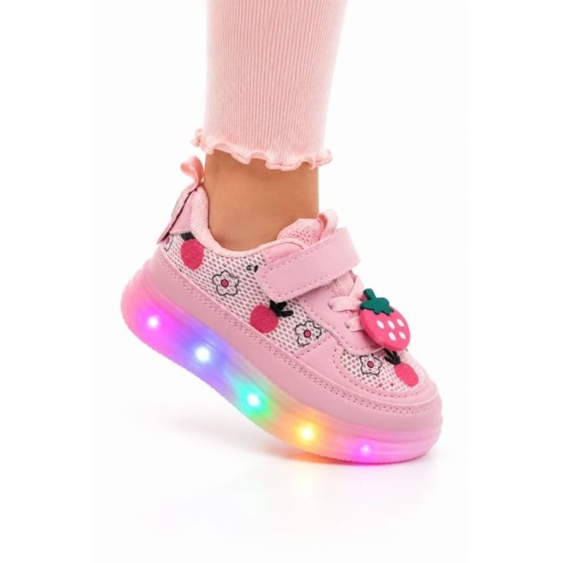 Fashion, accesorii si bijuterii - Copii - Incaltaminte copii - Sneakers si tenisi copii - Pantofi sport cu lumini LED, model cu capsuni, Fete, Piele ecologica si textil, roz Marimea 21 - Roz - Infinity.ro