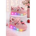 Fashion, accesorii si bijuterii - Copii - Incaltaminte copii - Sneakers si tenisi copii - Pantofi sport cu lumini LED, model cu capsuni, Fete, Piele ecologica si textil, roz Marimea 21 - Roz - Infinity.ro