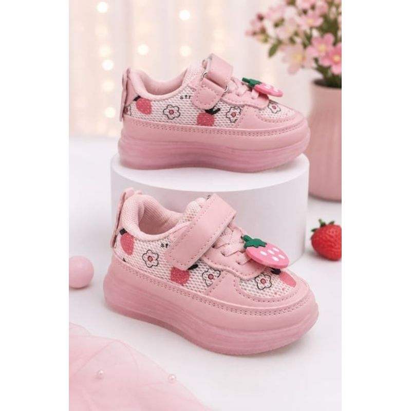 Fashion, accesorii si bijuterii - Copii - Incaltaminte copii - Sneakers si tenisi copii - Pantofi sport cu lumini LED, model cu capsuni, Fete, Piele ecologica si textil, roz Marimea 21 - Roz - Infinity.ro