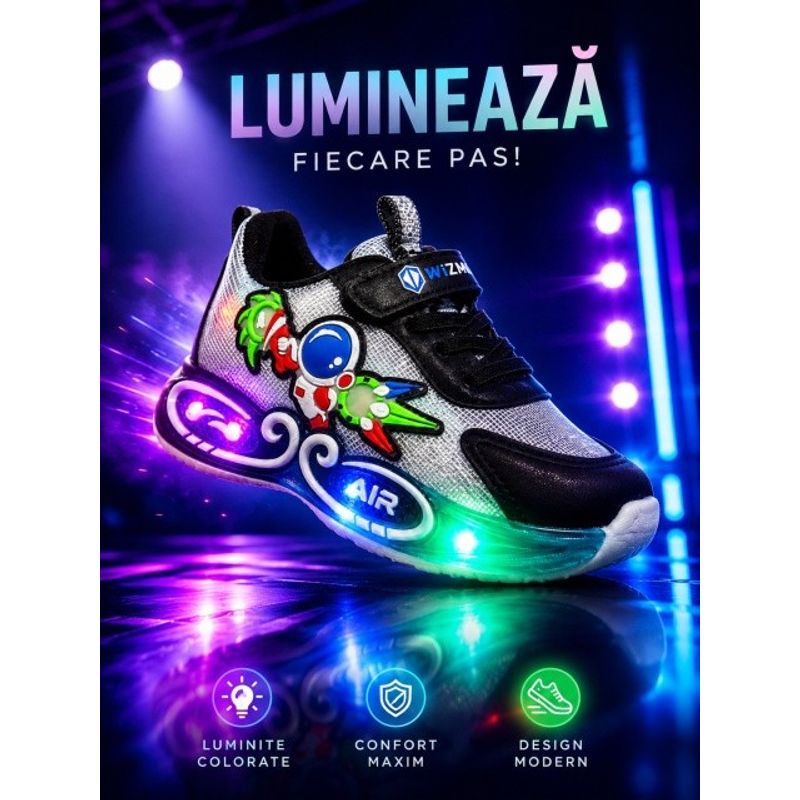 Fashion, accesorii si bijuterii - Copii - Incaltaminte copii - Pantofi copii - Adidasi cu lumini LED pentru baieti, Cosmonaut, Piele ecologica, Multicolor Marimea 27 - Infinity.ro