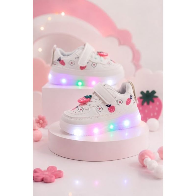 Fashion, accesorii si bijuterii - Copii - Incaltaminte copii - Pantofi copii - Pantofi sport cu lumini LED, Model Capsunele, Piele ecologica, fete, alb Marimea 27 - Multicolor - Infinity.ro