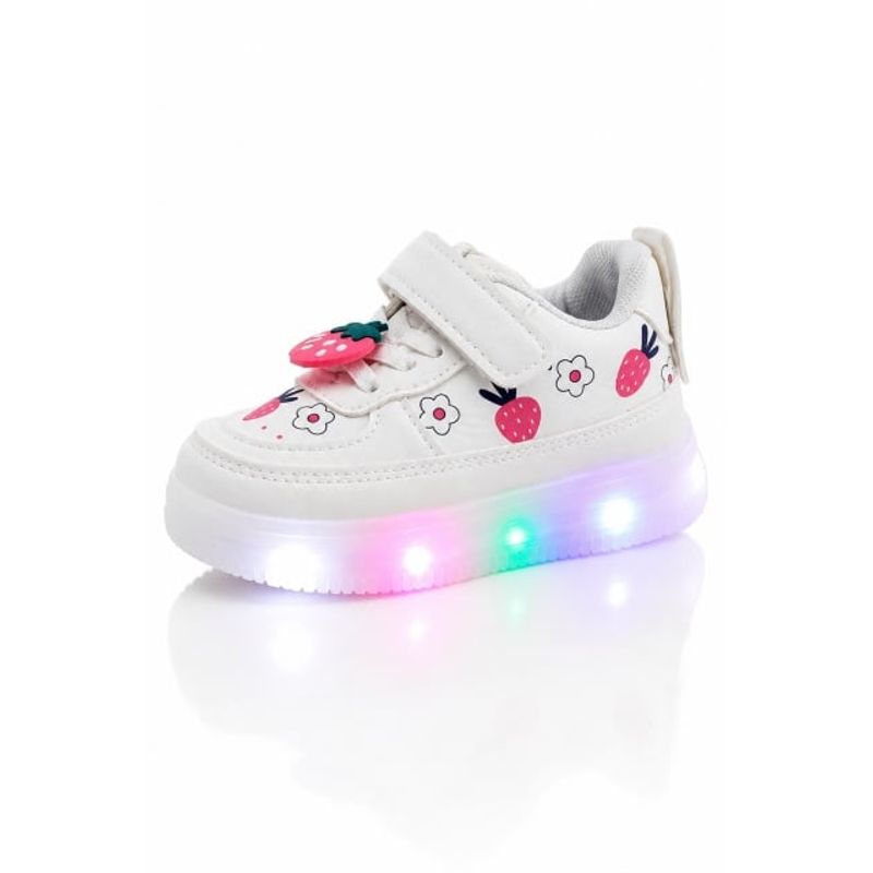 Fashion, accesorii si bijuterii - Copii - Incaltaminte copii - Pantofi copii - Pantofi sport cu lumini LED, Model Capsunele, Piele ecologica, fete, alb Marimea 27 - Multicolor - Infinity.ro
