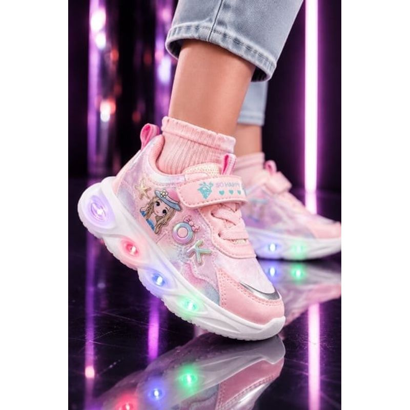 Fashion, accesorii si bijuterii - Copii - Incaltaminte copii - Sneakers si tenisi copii - Pantofi sport cu lumini LED, Model Cute Doll, Piele ecologica, Fete, Roz Marimea 21 - Roz - Infinity.ro