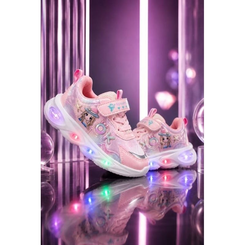 Fashion, accesorii si bijuterii - Copii - Incaltaminte copii - Sneakers si tenisi copii - Pantofi sport cu lumini LED, Model Cute Doll, Piele ecologica, Fete, Roz Marimea 21 - Roz - Infinity.ro