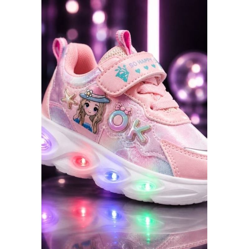 Fashion, accesorii si bijuterii - Copii - Incaltaminte copii - Sneakers si tenisi copii - Pantofi sport cu lumini LED, Model Cute Doll, Piele ecologica, Fete, Roz Marimea 21 - Roz - Infinity.ro