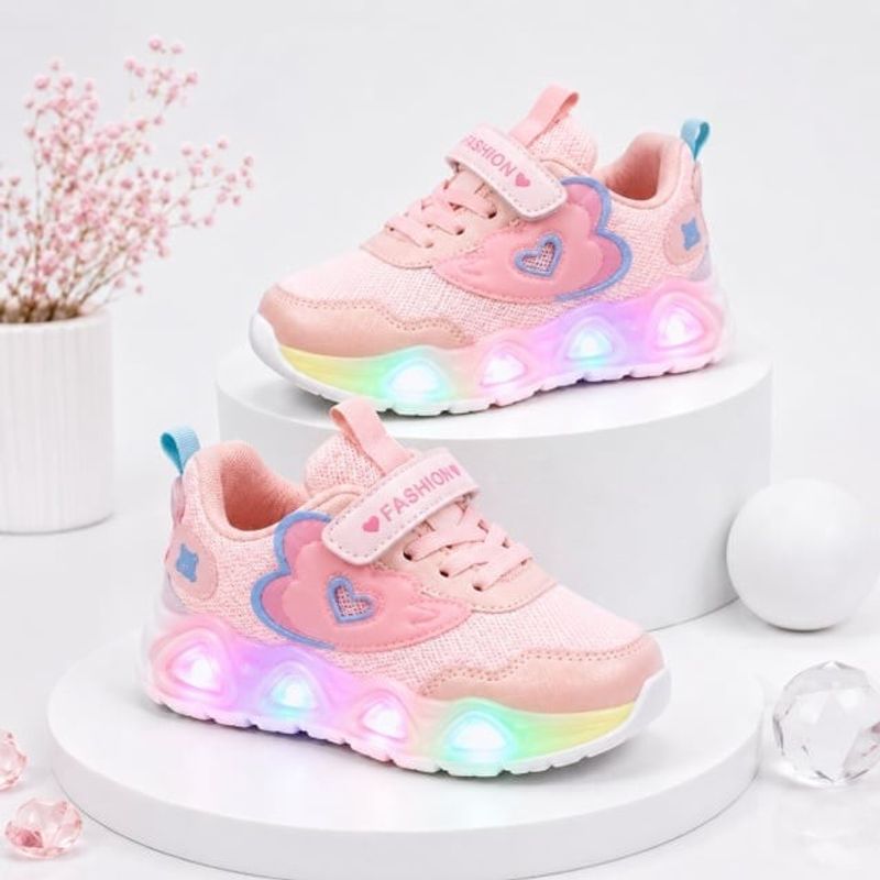 Fashion, accesorii si bijuterii - Copii - Incaltaminte copii - Sneakers si tenisi copii - Pantofi sport cu lumini LED, Model Pink Heart, Textil, Fete, Roz Marimea 21 - Multicolor - Infinity.ro