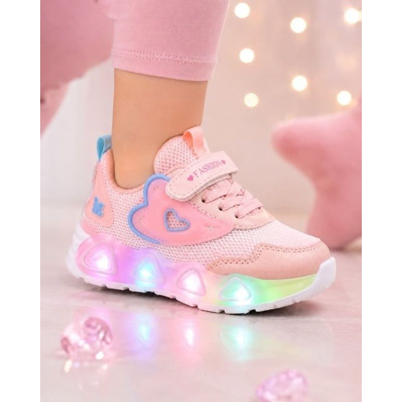 Fashion, accesorii si bijuterii - Copii - Incaltaminte copii - Sneakers si tenisi copii - Pantofi sport cu lumini LED, Model Pink Heart, Textil, Fete, Roz Marimea 21 - Multicolor - Infinity.ro