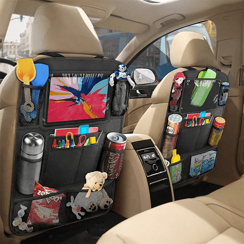 Auto si Moto - Piese auto si accesorii - Interior auto - Accesorii interior - Set 2 Organizator Lucruri Montat pe Scaun Auto, Compatibil cu Orice Masina, Suport de Tableta si Sticle Inclus, Negru - Infinity.ro