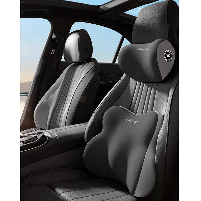 Auto si Moto - Piese auto si accesorii - Interior auto - Accesorii interior - Set Perna Lombara si Perna Tetiera Auto din Spuma cu Memorie, Suport Ergonomic pentru Spate si Gat, Gri - Infinity.ro