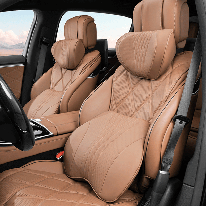 Auto si Moto - Piese auto si accesorii - Interior auto - Accesorii interior - Set 2 Perne Auto Premium pentru Scaun si Tetiera, Design Ergonomic cu Suport Lombar si Cervical, Maro - Infinity.ro