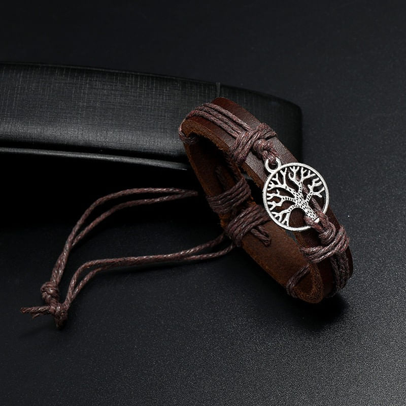 Fashion, accesorii si bijuterii - Barbati - Bijuterii barbati - Bratari barbati - Bratara Personalizata Unisex, cu Gravura Metalica Copacul Vietii, din Piele Ecologica si Snur cu Lungime Reglabila - Infinity.ro