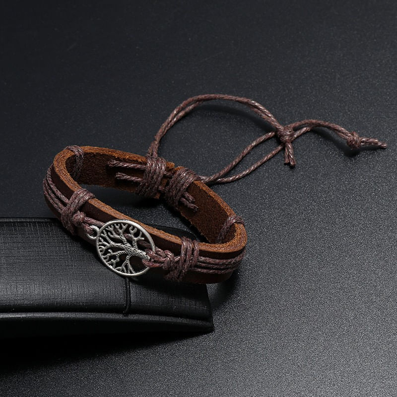 Fashion, accesorii si bijuterii - Barbati - Bijuterii barbati - Bratari barbati - Bratara Personalizata Unisex, cu Gravura Metalica Copacul Vietii, din Piele Ecologica si Snur cu Lungime Reglabila - Infinity.ro