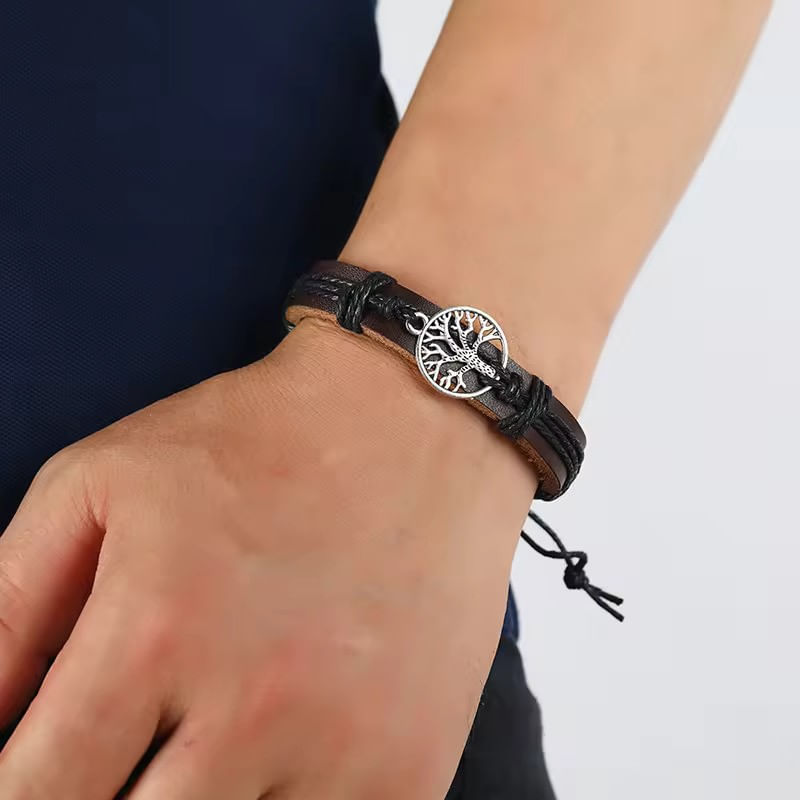 Fashion, accesorii si bijuterii - Barbati - Bijuterii barbati - Bratari barbati - Bratara Personalizata Unisex, cu Gravura Metalica Copacul Vietii, din Piele Ecologica si Snur cu Lungime Reglabila - Infinity.ro