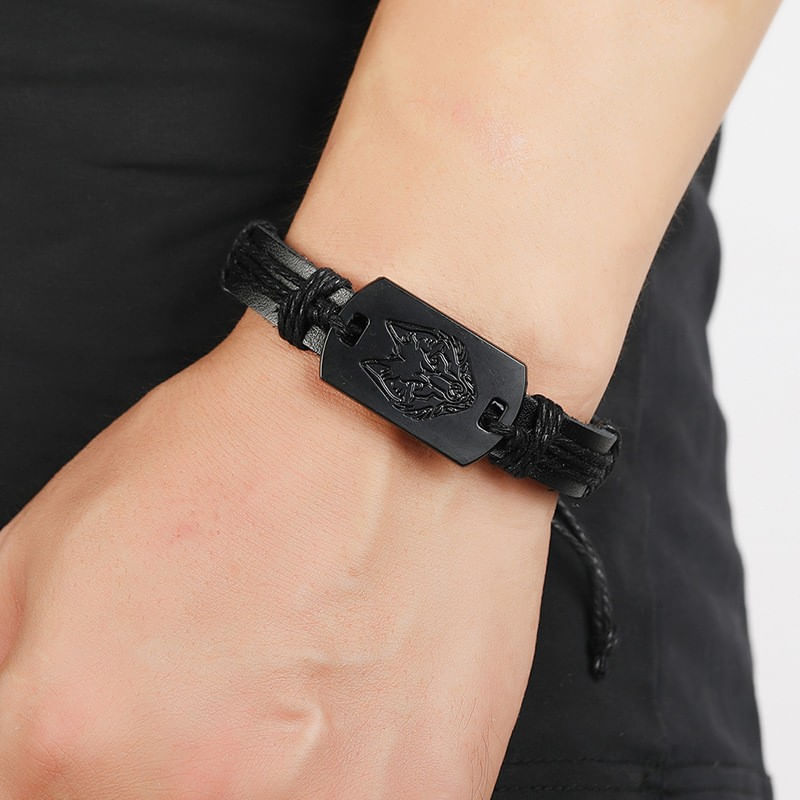 Fashion, accesorii si bijuterii - Barbati - Bijuterii barbati - Bratari barbati - Bratara Personalizata cu Gravura Metalica Cap de Lup, din Piele PU si Snur cu Lungime Reglabila - Infinity.ro