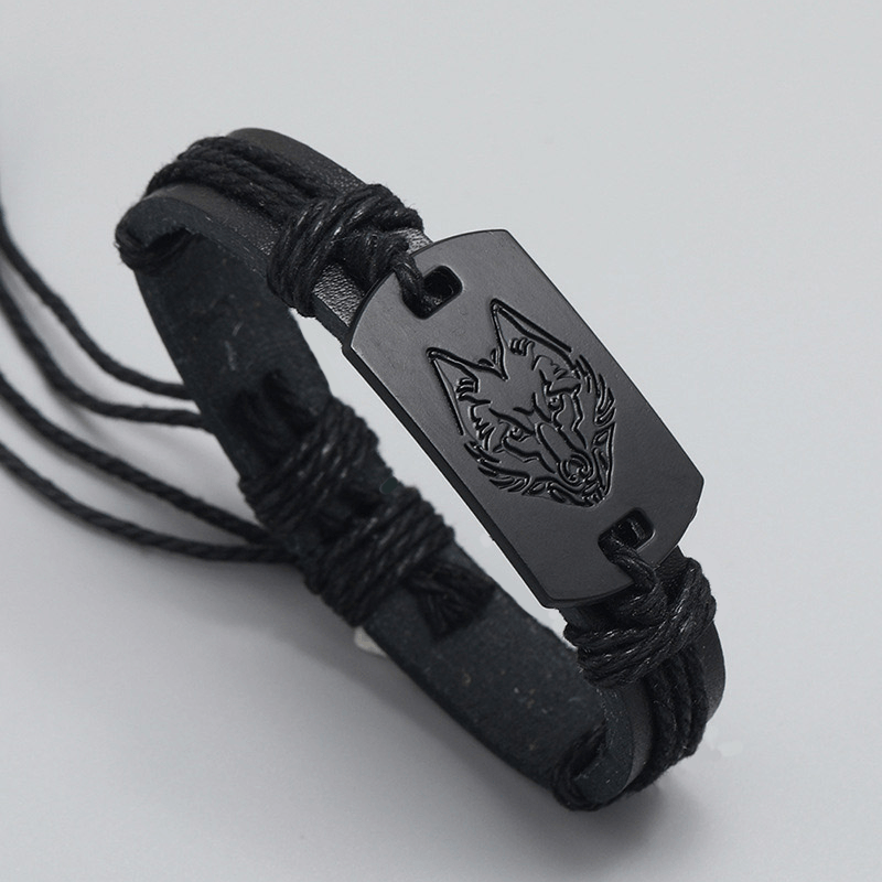 Fashion, accesorii si bijuterii - Barbati - Bijuterii barbati - Bratari barbati - Bratara Personalizata cu Gravura Metalica Cap de Lup, din Piele PU si Snur cu Lungime Reglabila - Infinity.ro