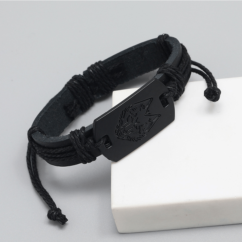 Fashion, accesorii si bijuterii - Barbati - Bijuterii barbati - Bratari barbati - Bratara Personalizata cu Gravura Metalica Cap de Lup, din Piele PU si Snur cu Lungime Reglabila - Infinity.ro